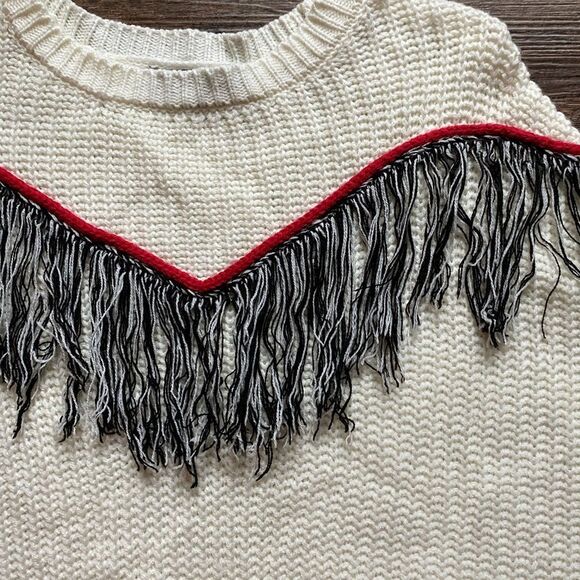 HeartSoul fringe detailed sweater ribbed knit ivory off white western boho sz S - Picture 2 of 11